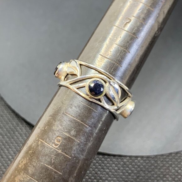 Sterling Silver 925 Black Sapphire Bezel Set Cigar Band 8.25mm Wide Ring Size 8 - Picture 7 of 8